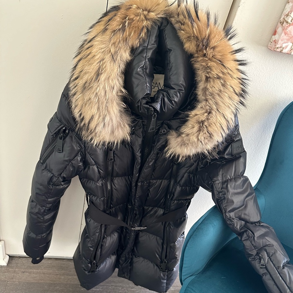 Women’s Designer Down Coat with Fur rimmed Hood, belted waist by Sam New York.